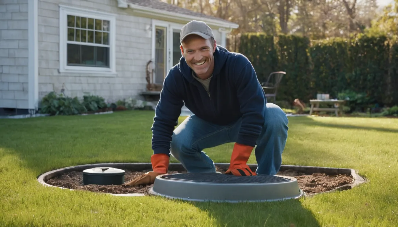 Friendly provider checking a septic tank lid beside a home in Beverly